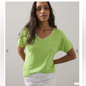 Linen Sweater Trim Pullover Tee short sleeves lime‎ green